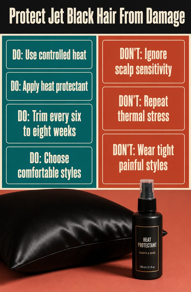 Beauty graphic with care tips for protecting jet black hair