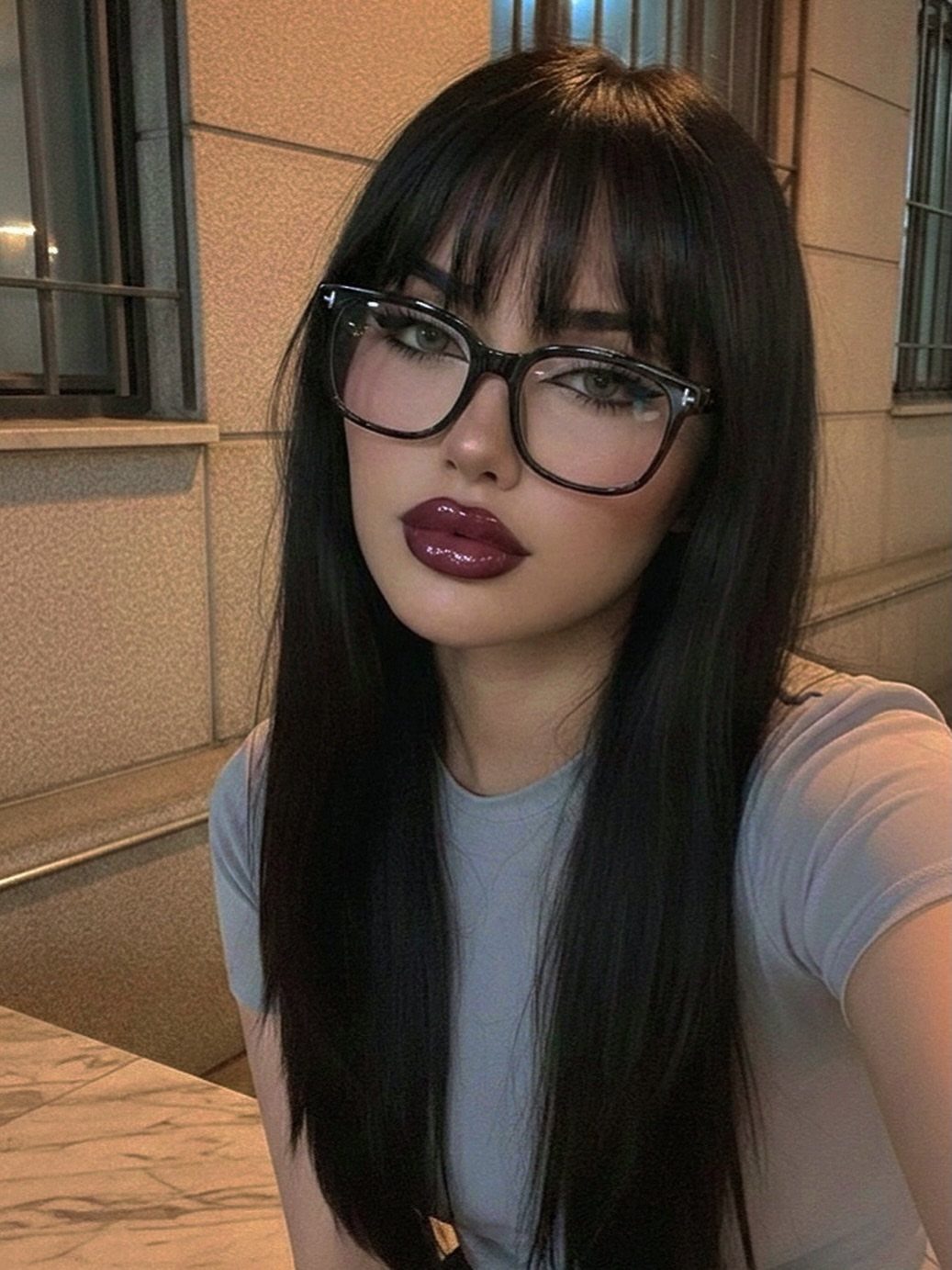 Person with long jet-black hair and blunt bangs wearing oversized black glasses