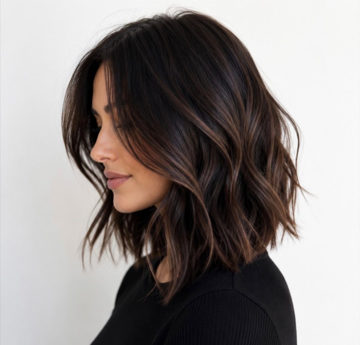 Woman with tousled dark wavy layered lob and soft face-framing strands