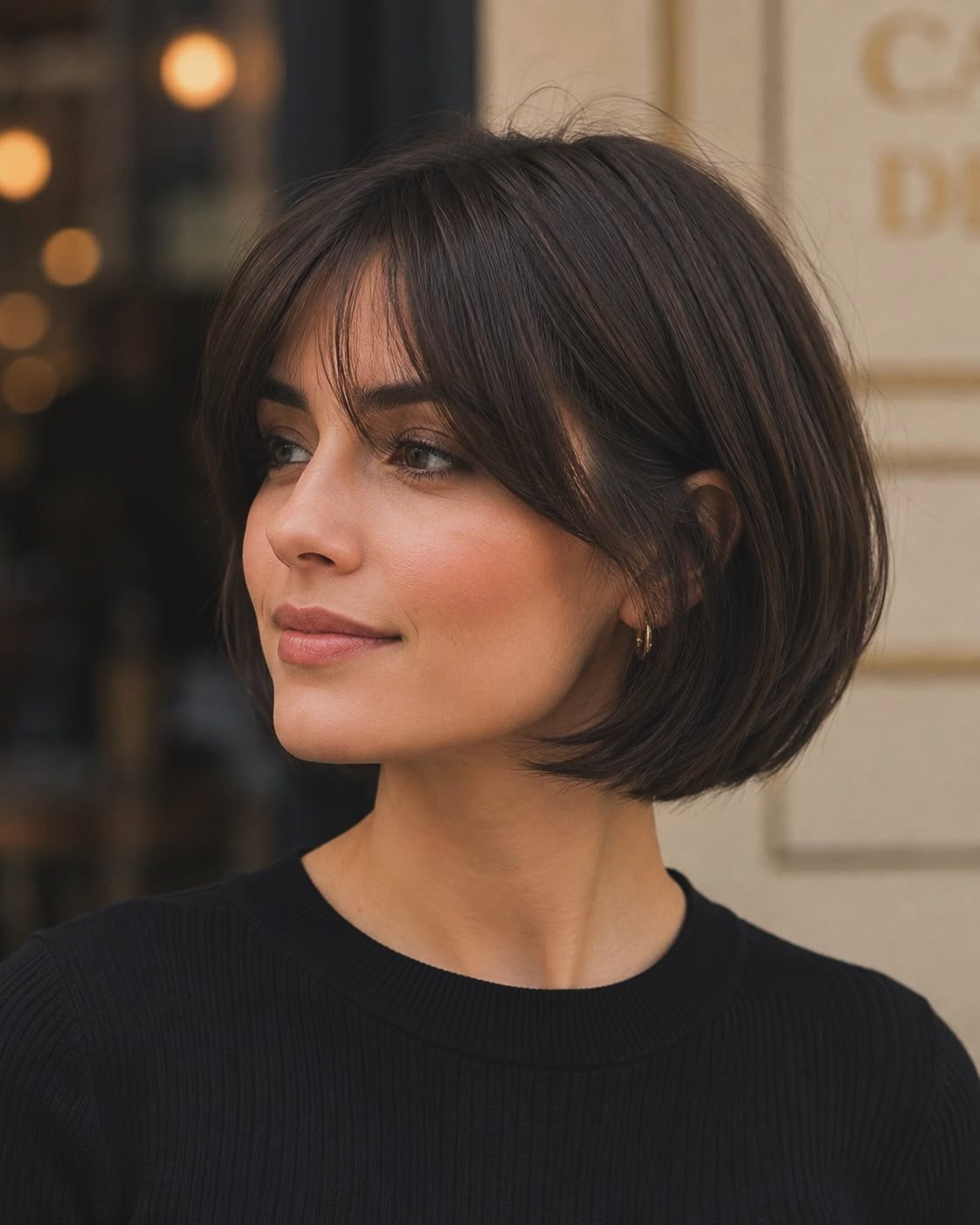 Woman with a dark choppy bob, textured ends, and wispy fringe