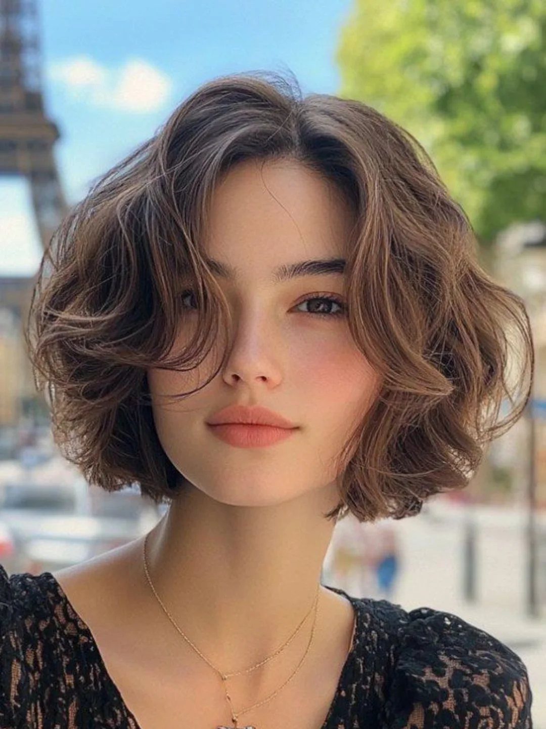 Young woman with a softly curled, chin-length brown bob and layered texture