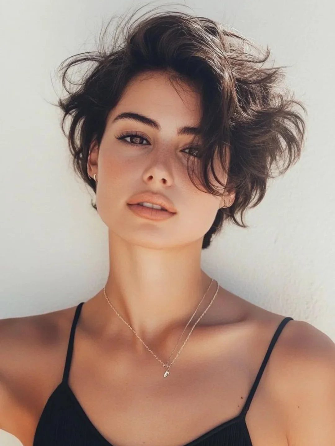 Woman with tousled, layered dark brown pixie bob and side-swept fringe