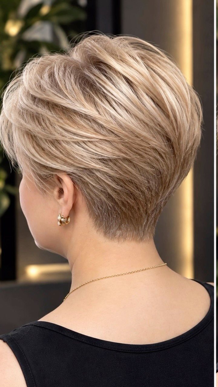 Short blonde bixie with swept layers and a neatly tapered nape