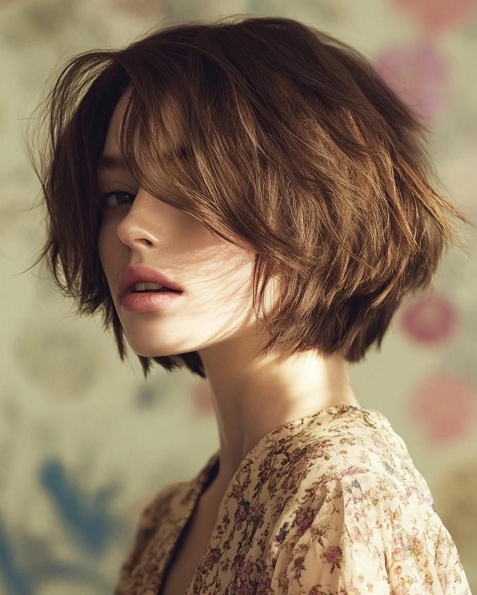 Tousled brown inverted bob with textured layers and angled face-framing pieces
