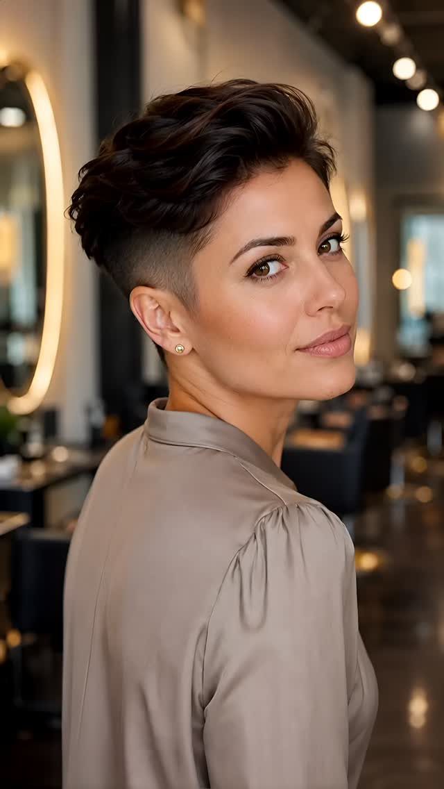 Woman showing a dark pixie cut with a wavy side-swept fringe