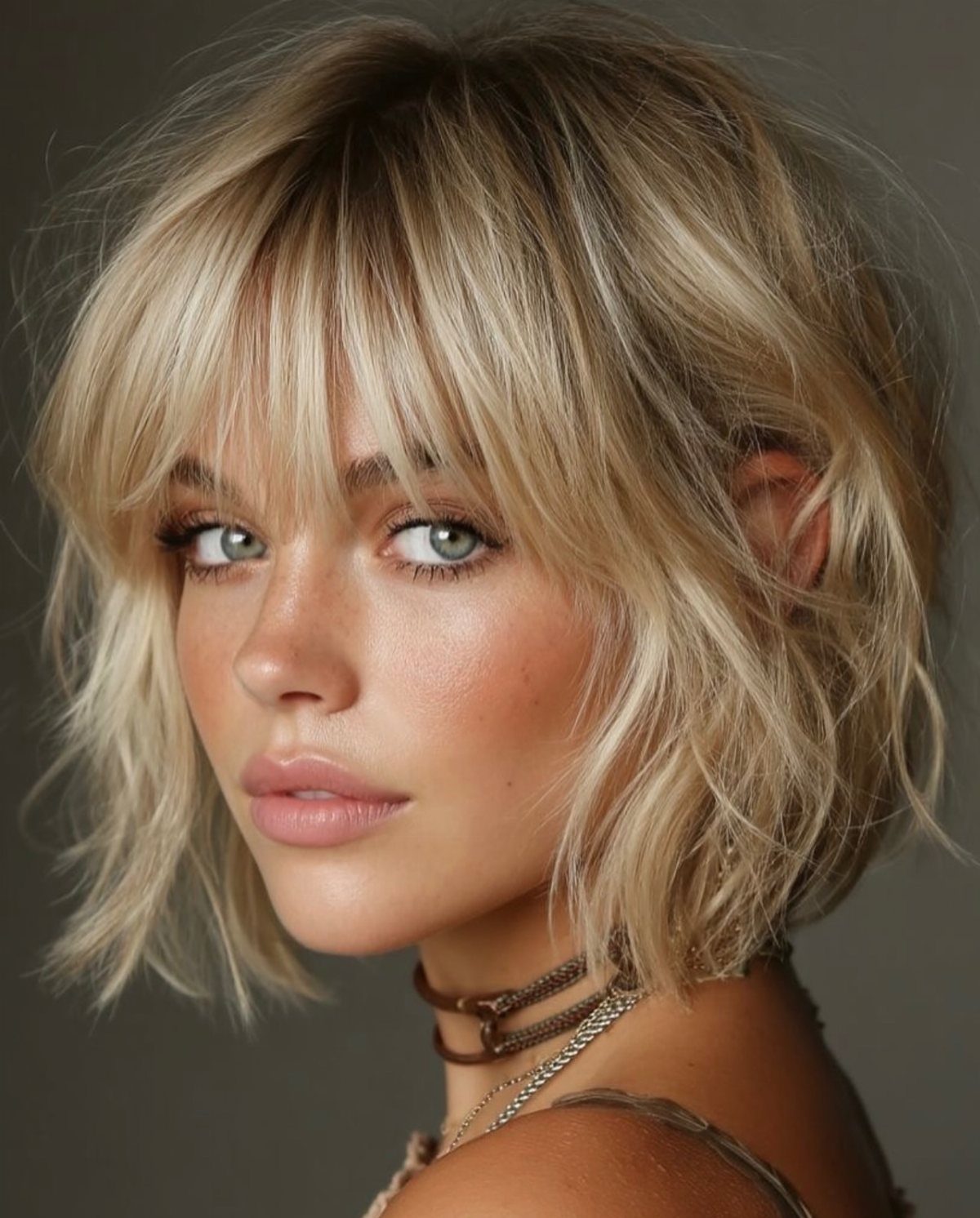 Woman with a tousled blonde bob, wispy bangs, and loose layered ends