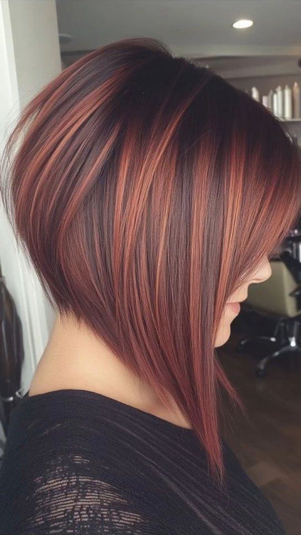 Angled bob with reddish highlights, shorter at the back and longer in front