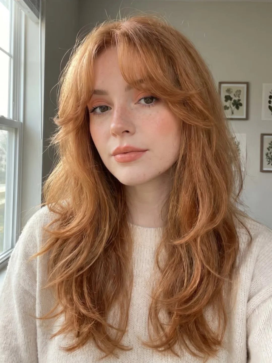 Woman with fluffy ginger curls and layered hair wearing a light knit sweater