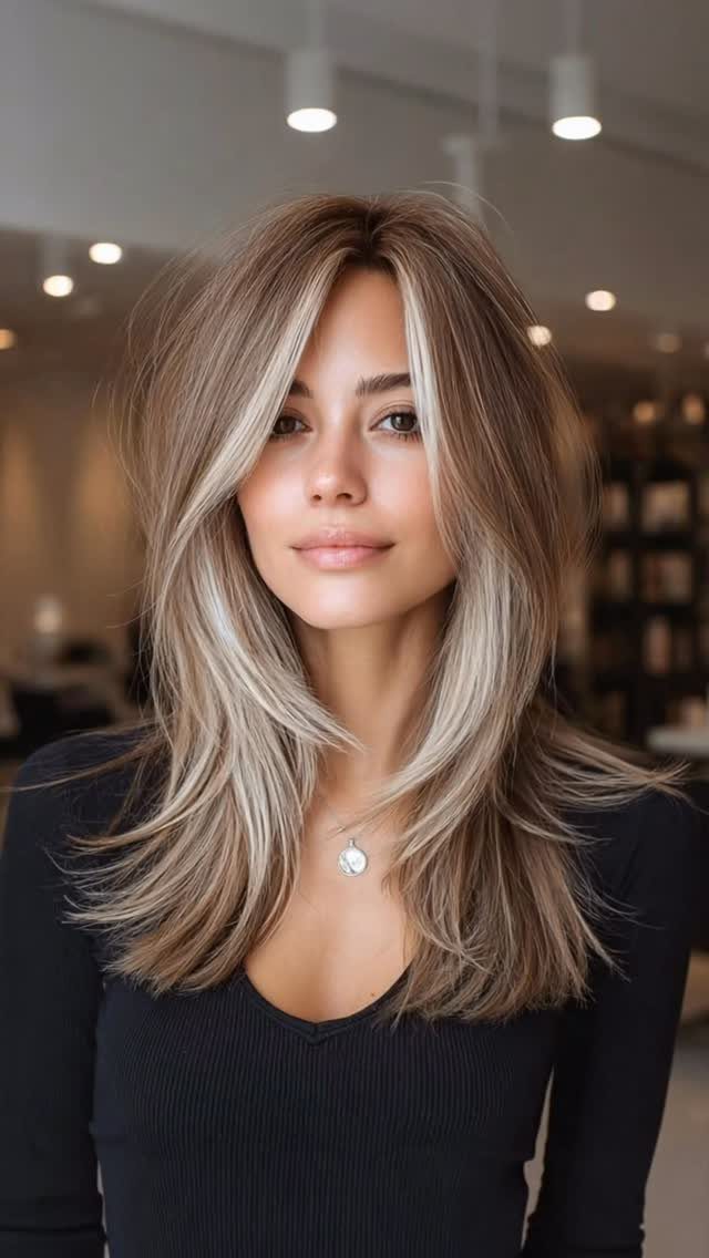 Woman showing layered ash-blonde hair with a subtle balayage gradient