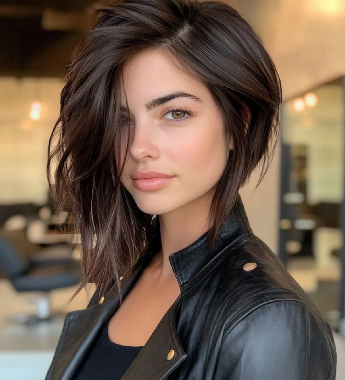 Woman with dark medium-length layered hair and side-swept bangs wearing a black leather jacket