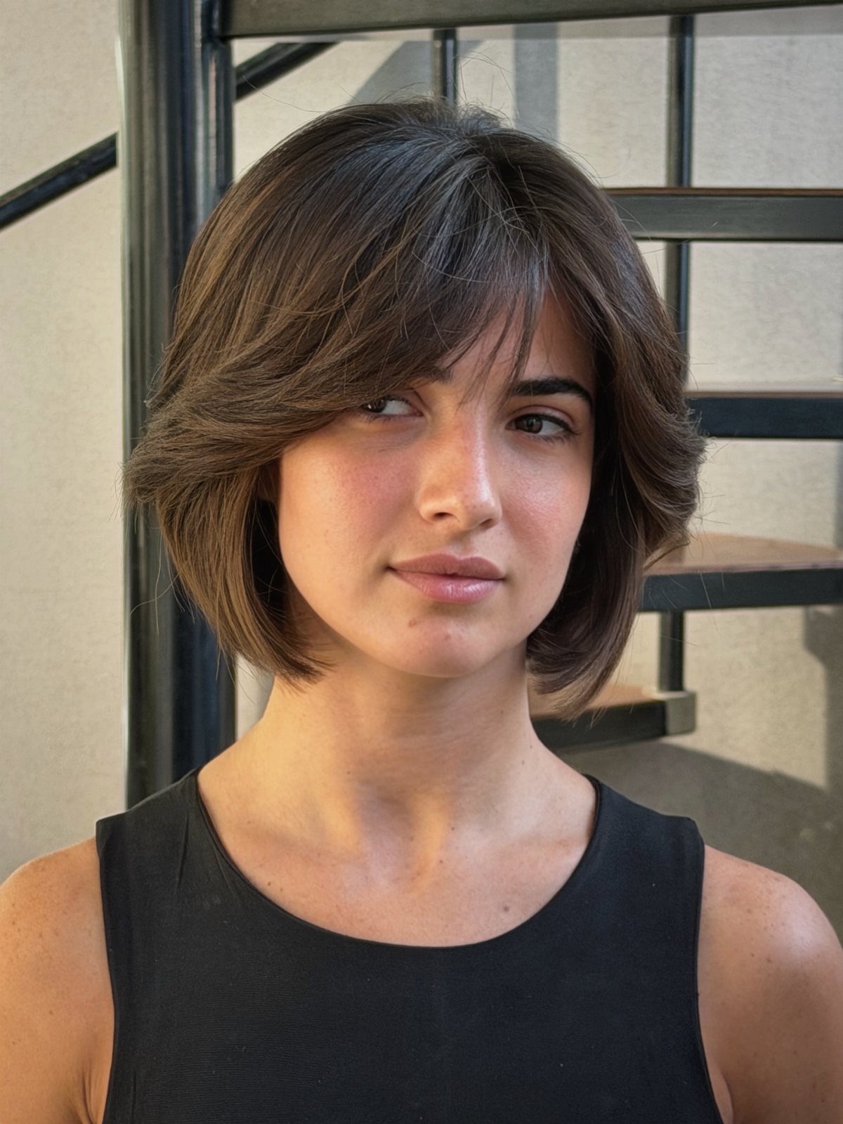 Layered brown bob with sweeping bangs and longer pieces framing the face