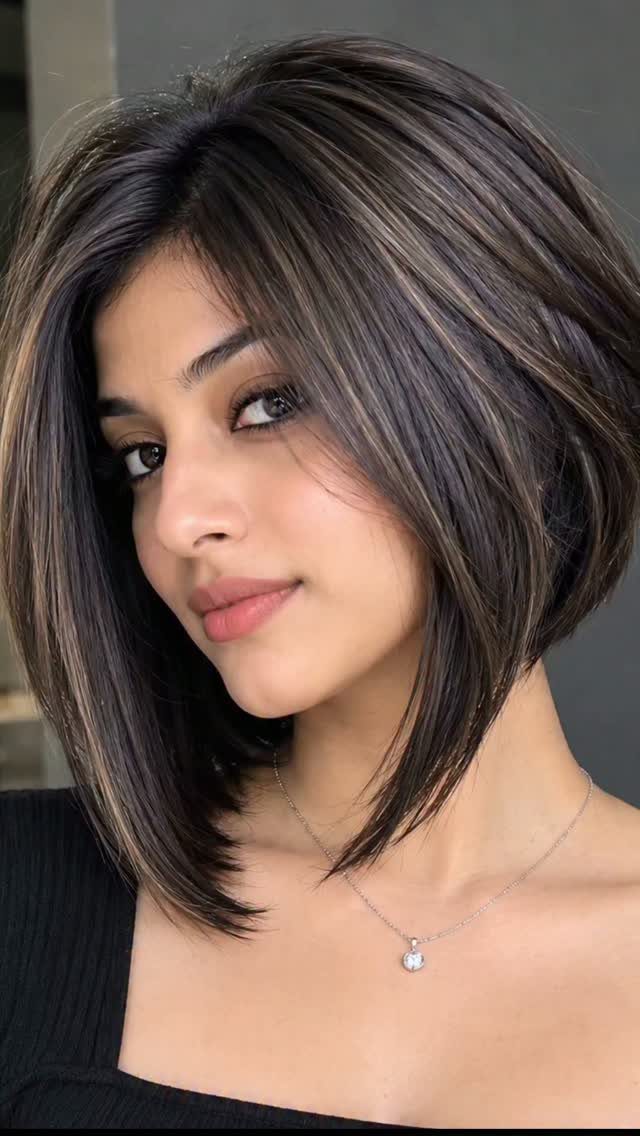 Woman wearing a shoulder-length layered bob with long face-framing front pieces