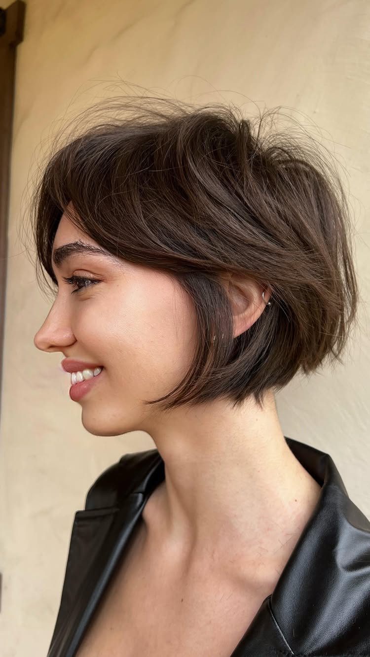 Woman with a short dark layered bob and side-swept bangs