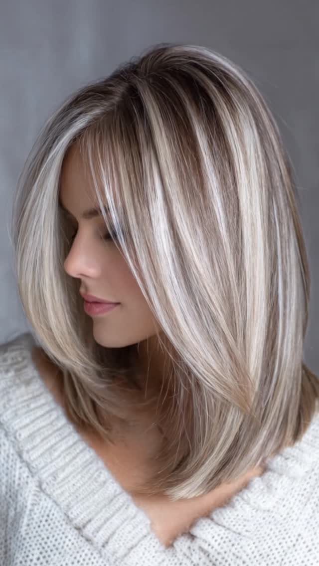 Layered blonde lob with dark roots and a near-center part