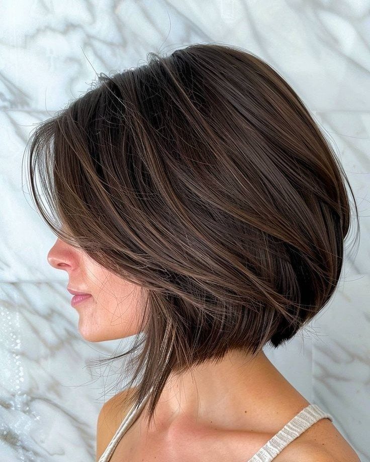 Dark brown stacked lob with a rounded back and longer face-framing pieces