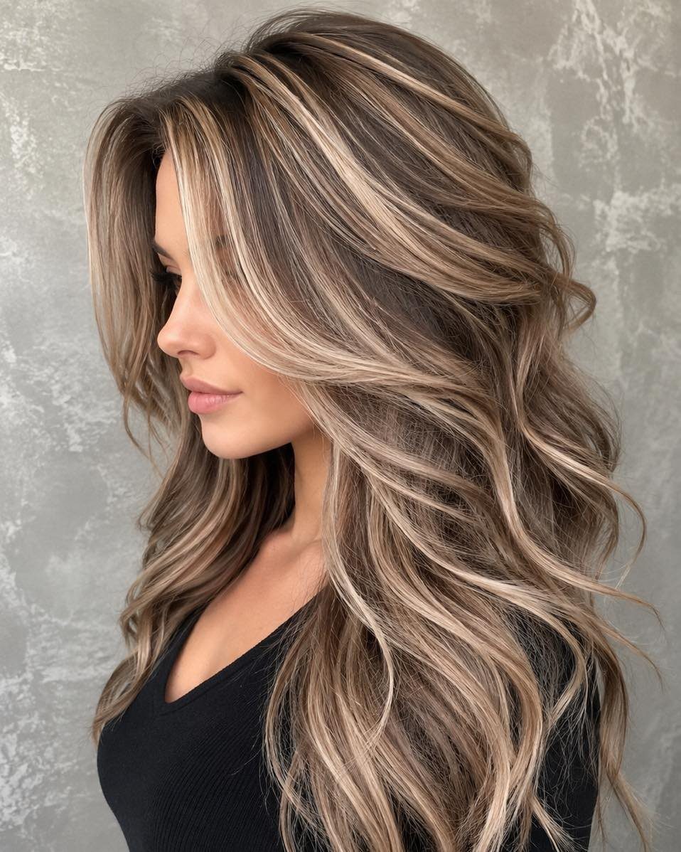 Woman with long wavy brown hair and pale beige-blonde streaks