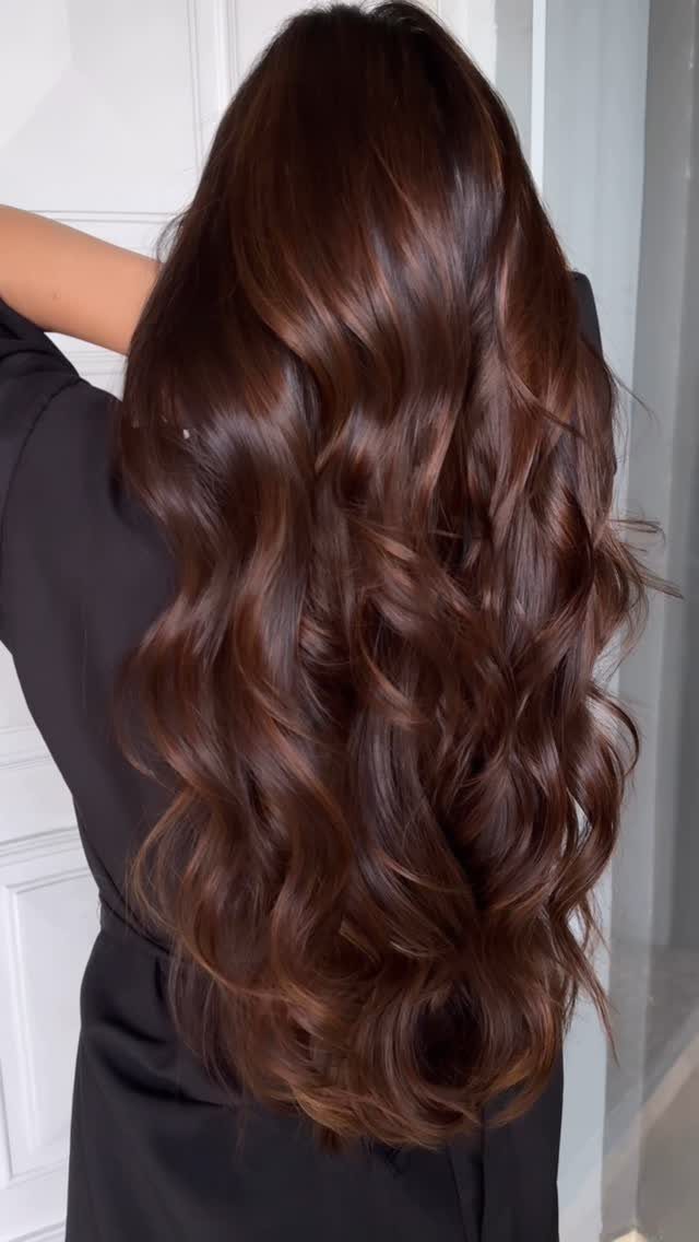 Long glossy chocolate brown hair falls in soft waves down a person's back