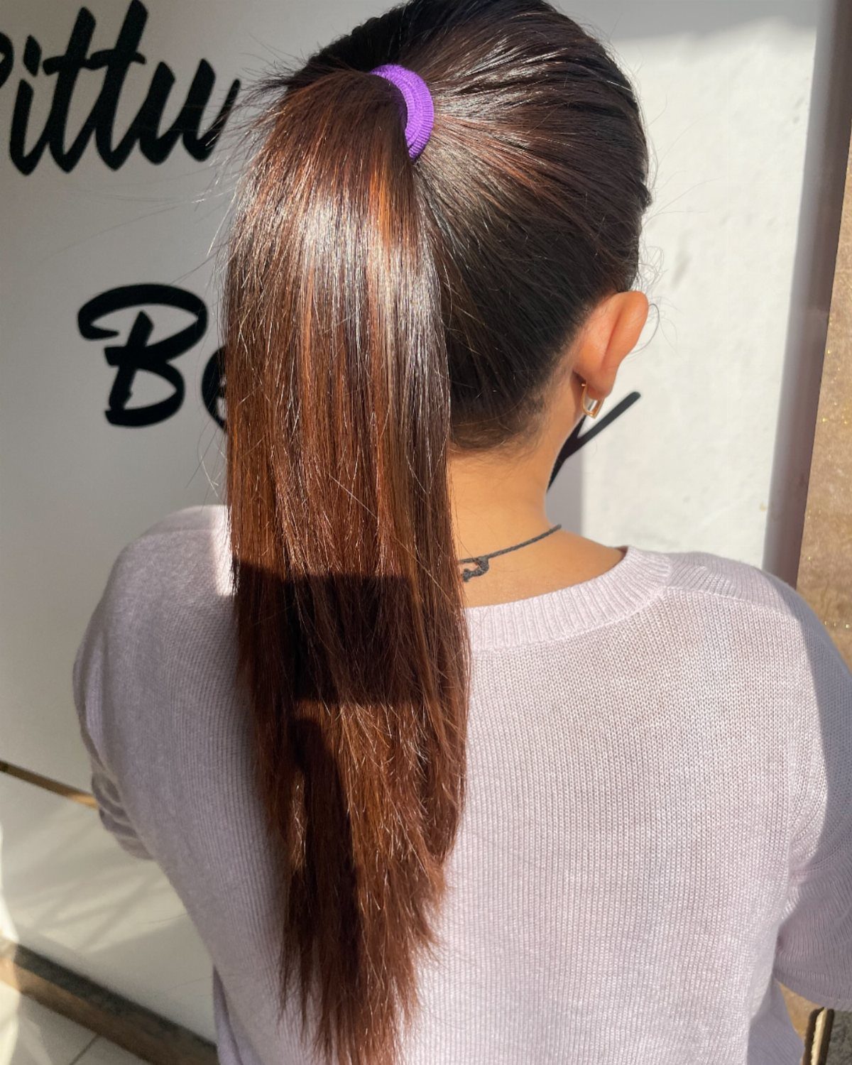 Long light brown hair gathered into a high ponytail with a purple tie