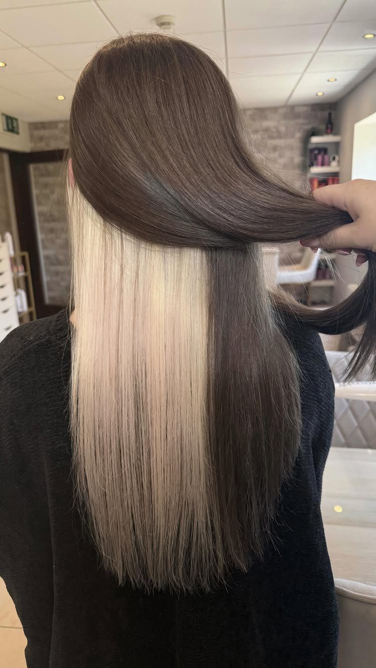 Long brown hair lifted to reveal a contrasting pale blonde underlayer