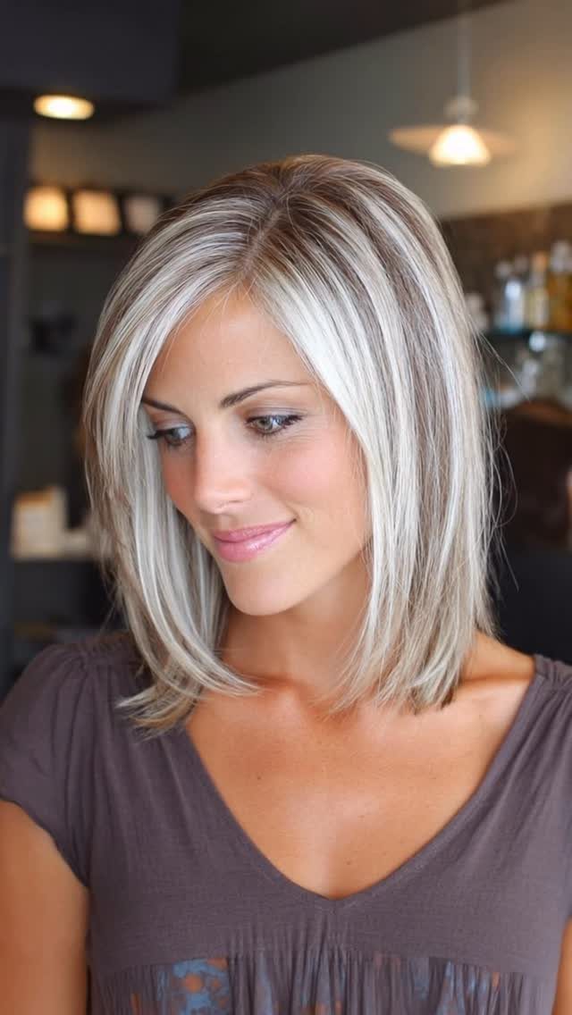 Woman showing a layered blonde long bob with a side part