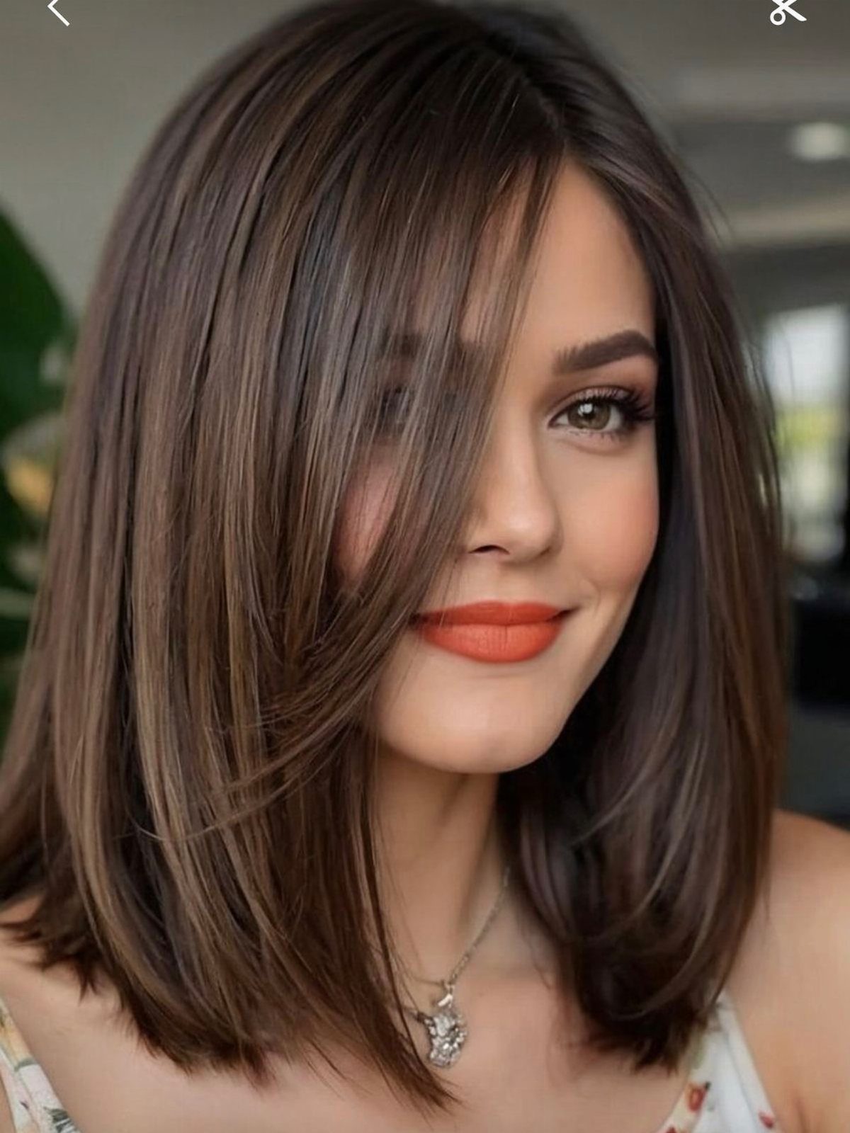 Woman with a brown shoulder-length bob and layered face-framing hair