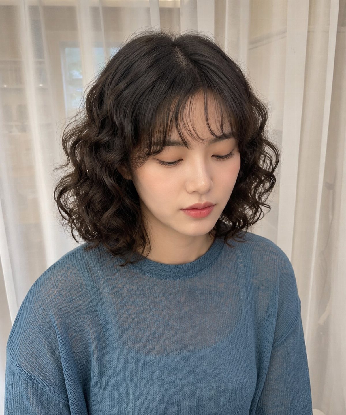 Woman with a voluminous wavy chin-length bob and wispy bangs