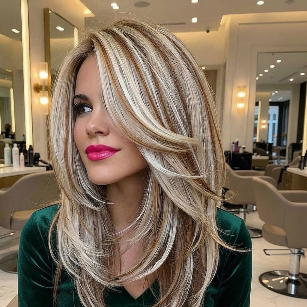 Woman wearing long, layered blonde hair with sweeping, face-framing strands in a salon