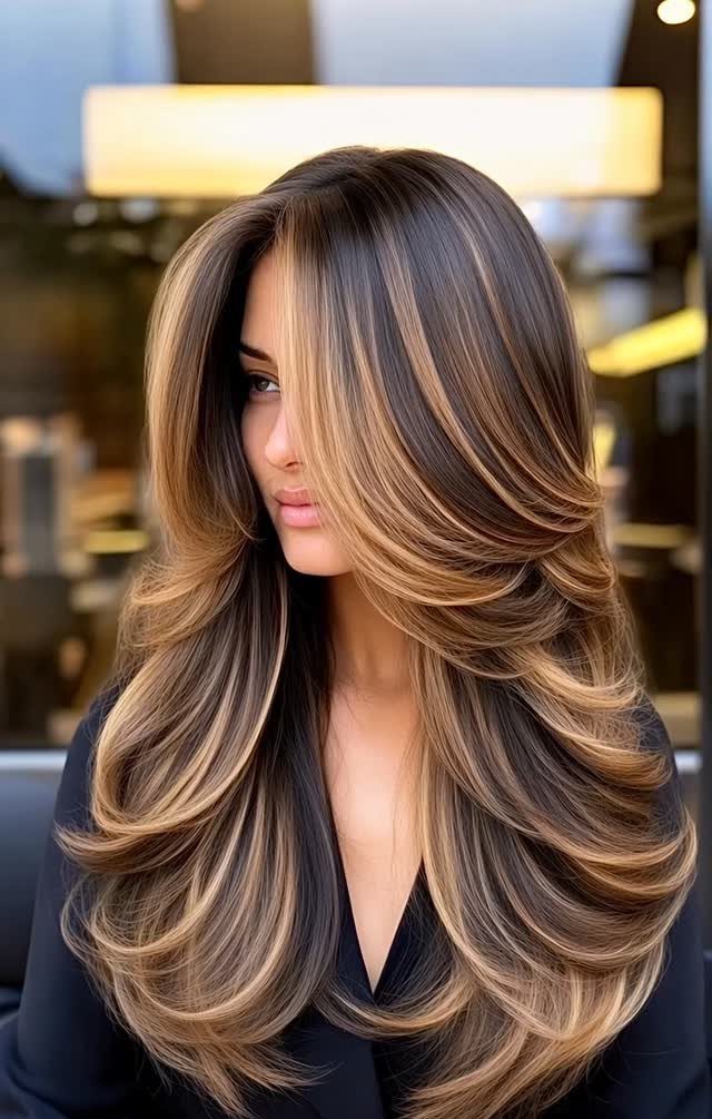 Woman with long caramel-highlighted butterfly layers sweeping around her face