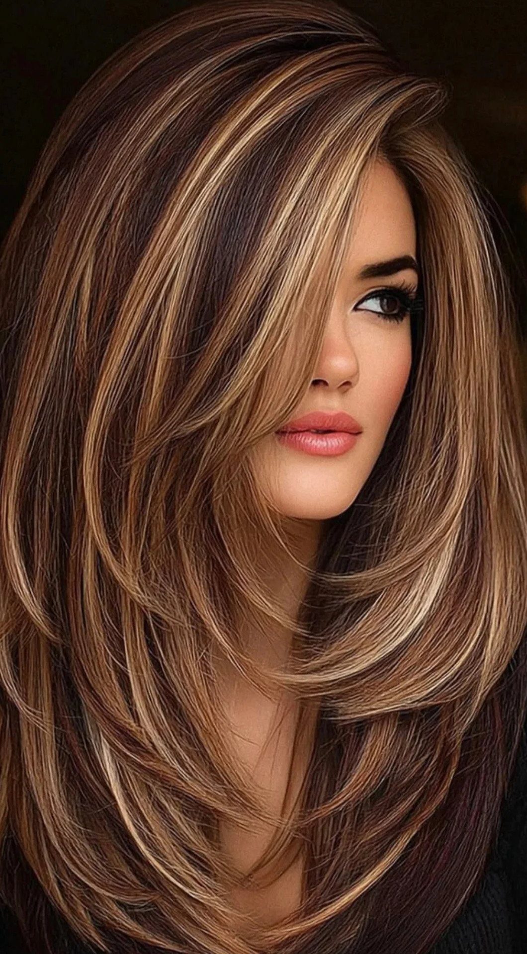 Woman with long brown layered hair and sweeping caramel highlights