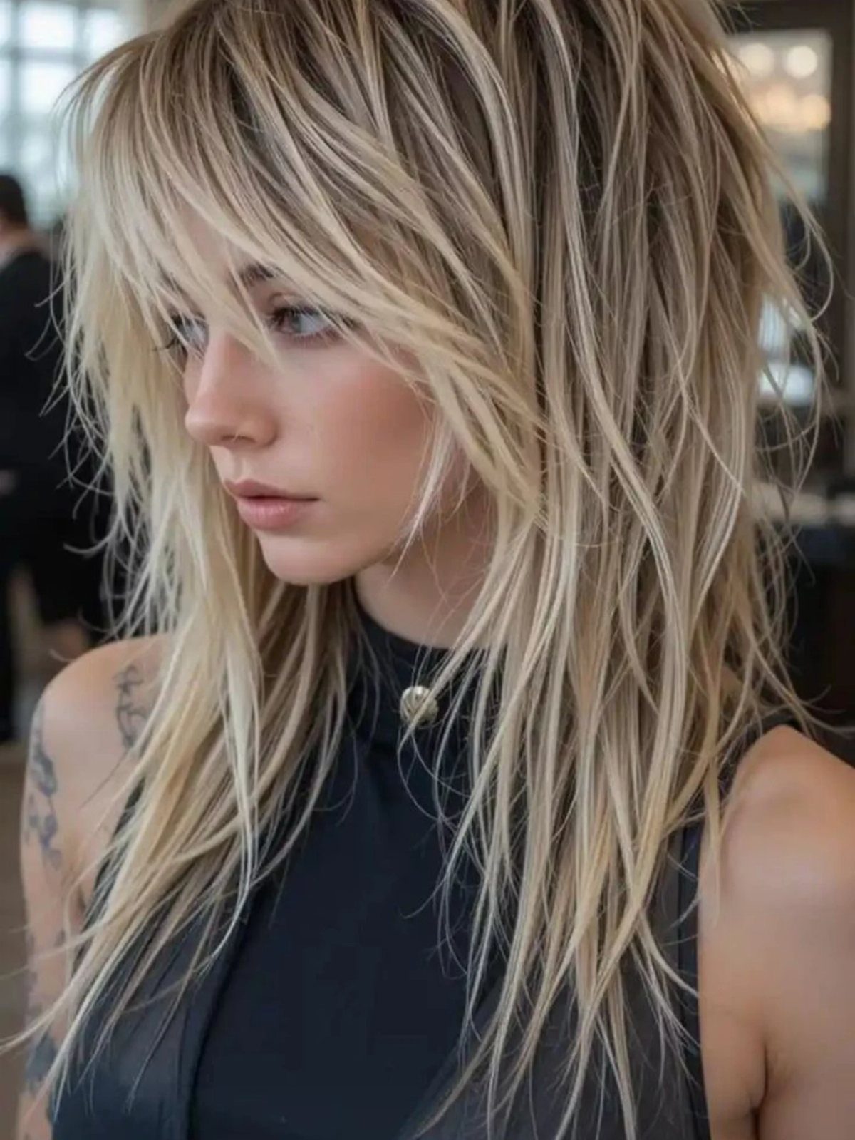 Woman with long shaggy blonde layers and lighter highlights in a salon