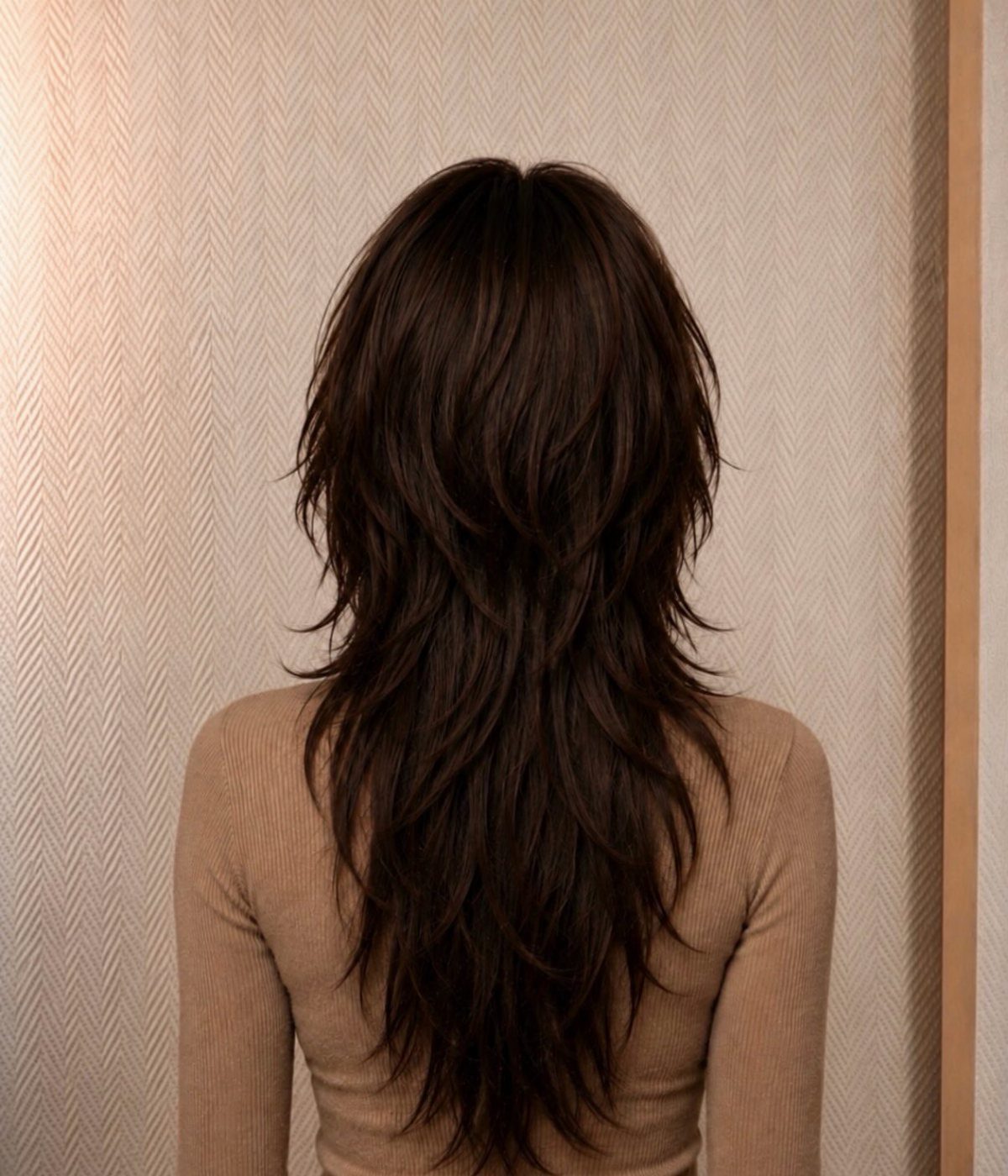 Long dark shaggy layers fall over a tan sweater against a patterned wall