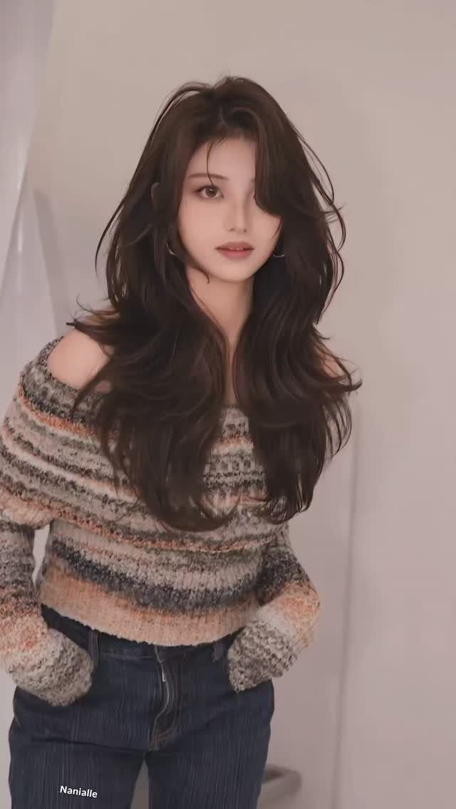 Woman with long dark hair in voluminous layers wearing a striped sweater