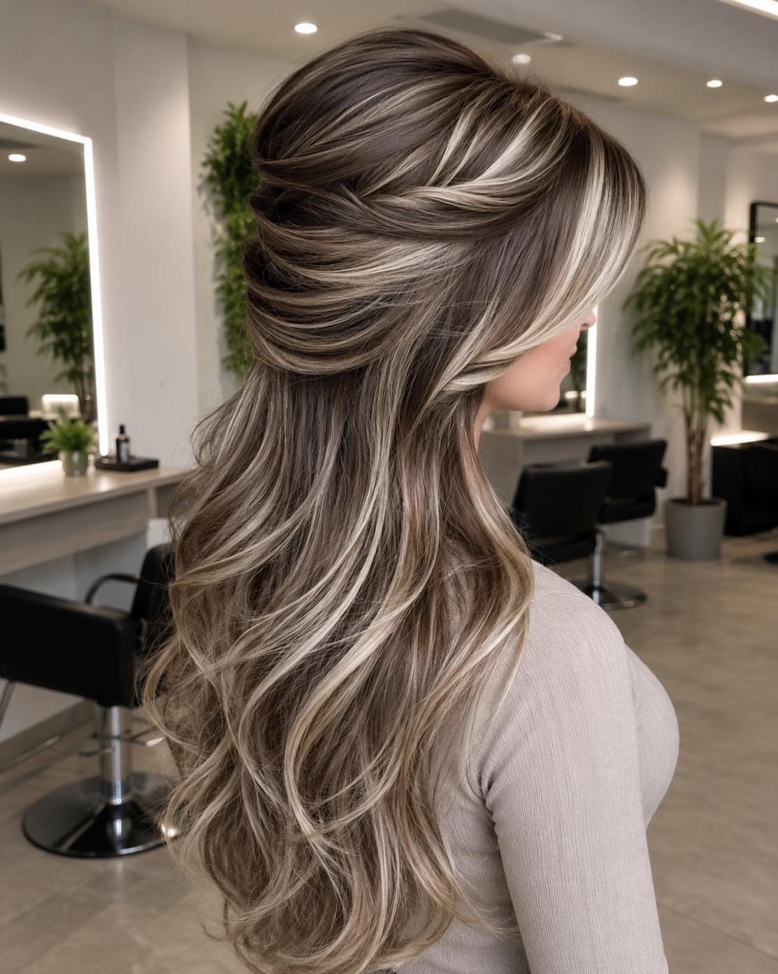 Long layered silver-blonde hair with dark roots and loose waves in a salon