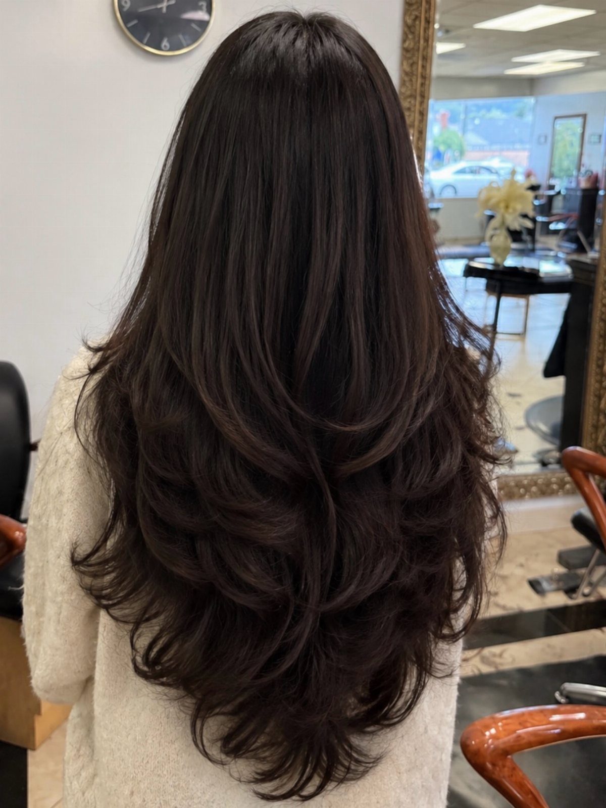 Long dark layered haircut with curled ends shown from behind in a salon