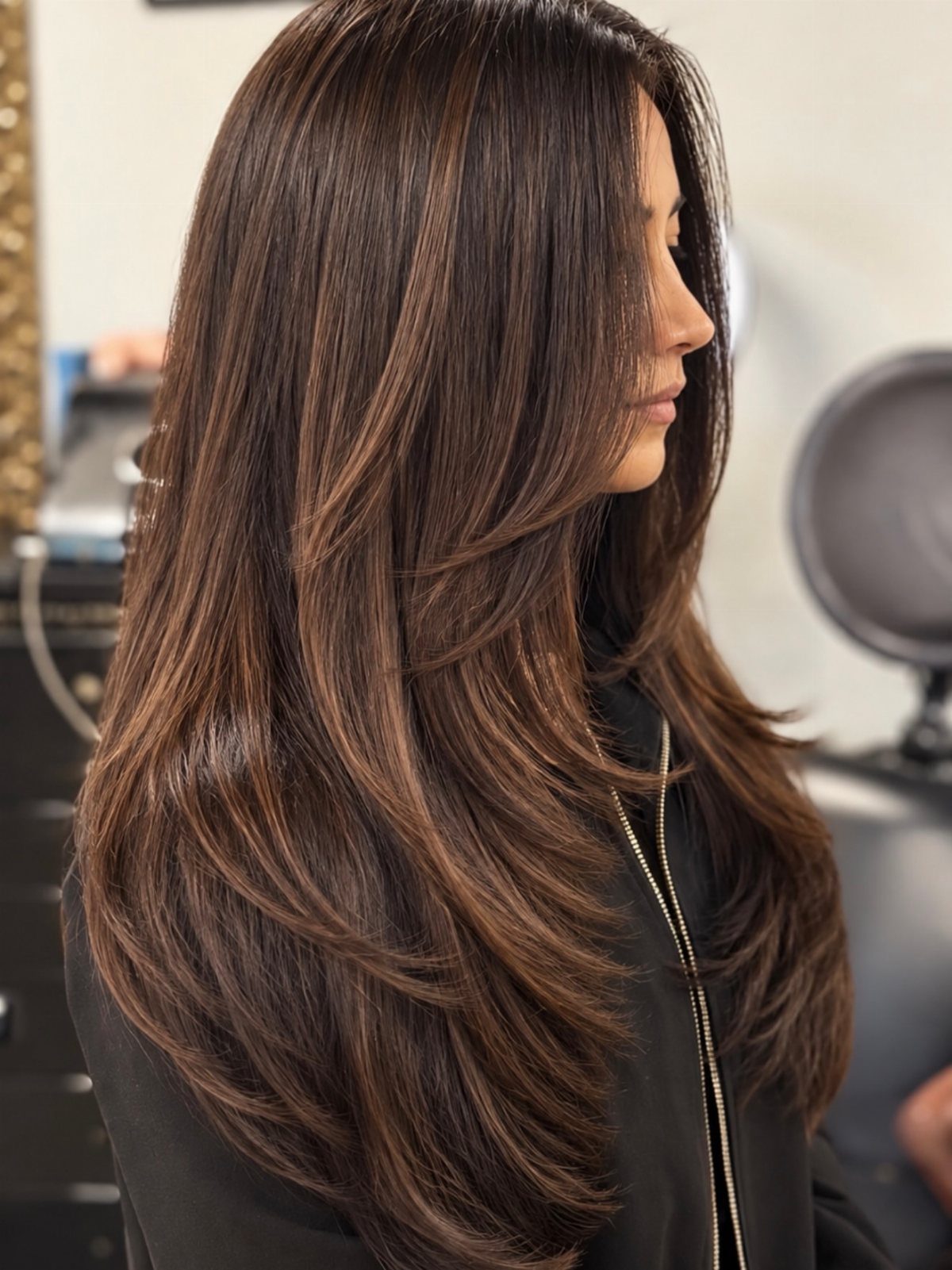 Long dark brown hair falls in subtle, full layers with softly curved ends