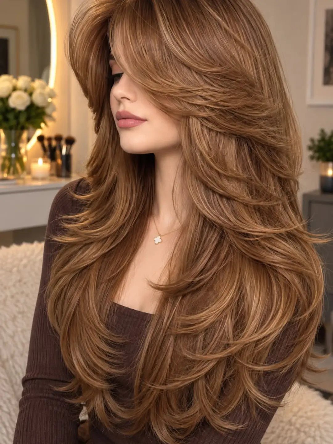 Woman with long brown layered hair and center-opening curtain bangs