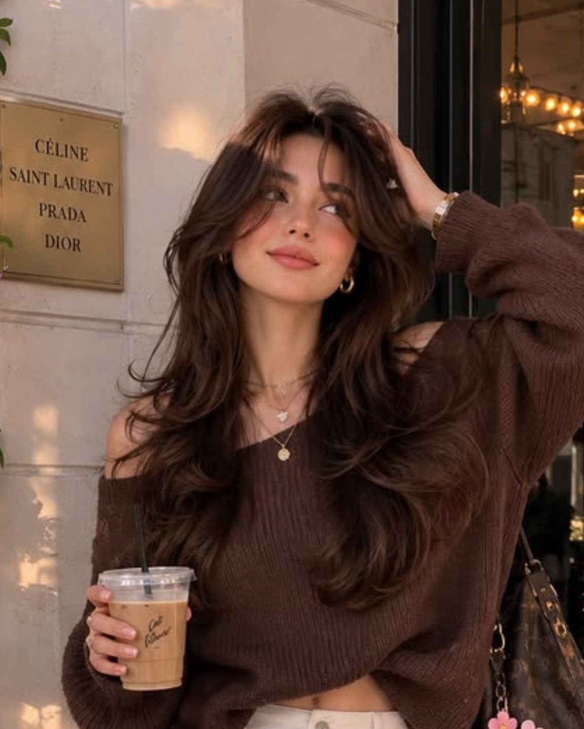 Woman with long, softly waved brown layers posing outside a storefront