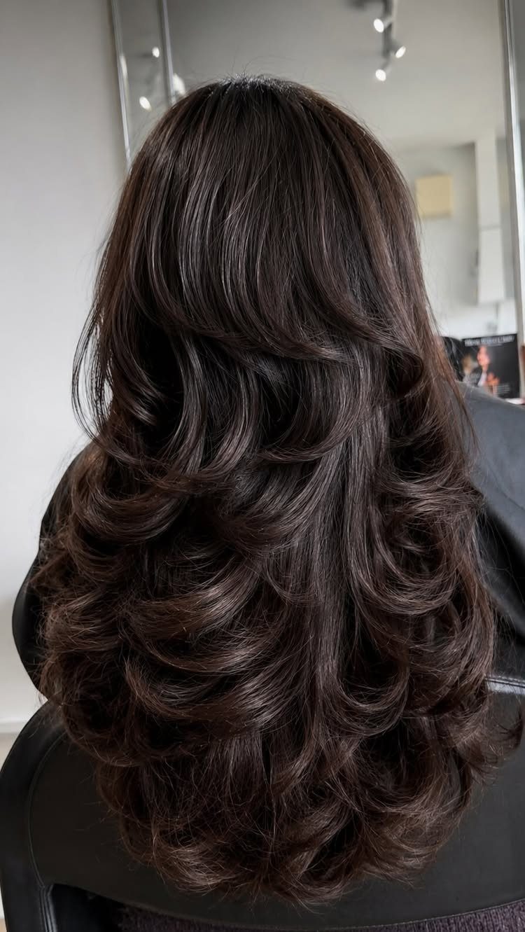 Long dark brown layered hair forms glossy, voluminous S-shaped waves