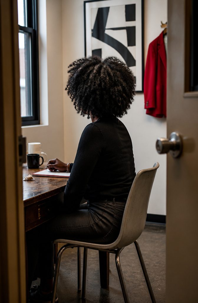 Woman wearing natural black coils with an intact rounded shape