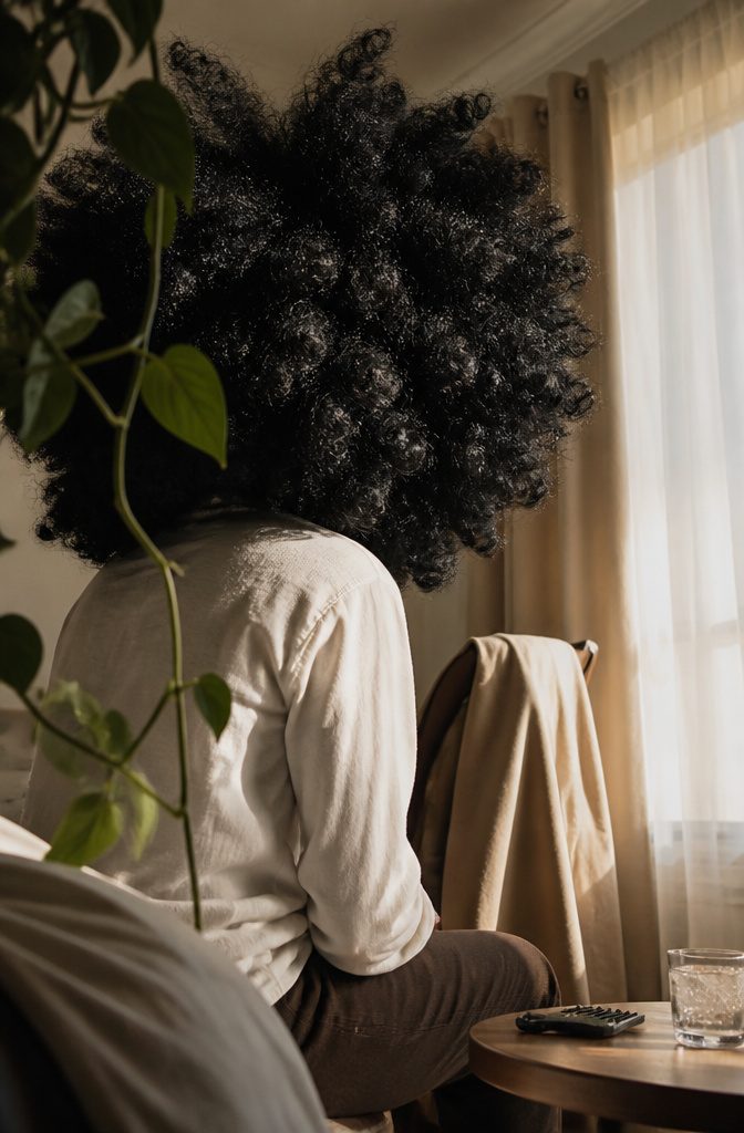 Woman wearing a natural afro with rounded coils framing her face