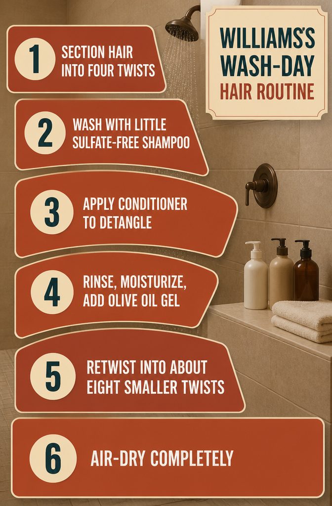 Hair routine graphic listing four twists shampoo conditioning and air-drying
