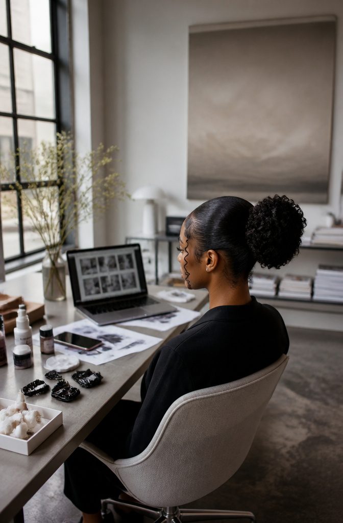 Black woman with sleek textured hair and a few loose strands