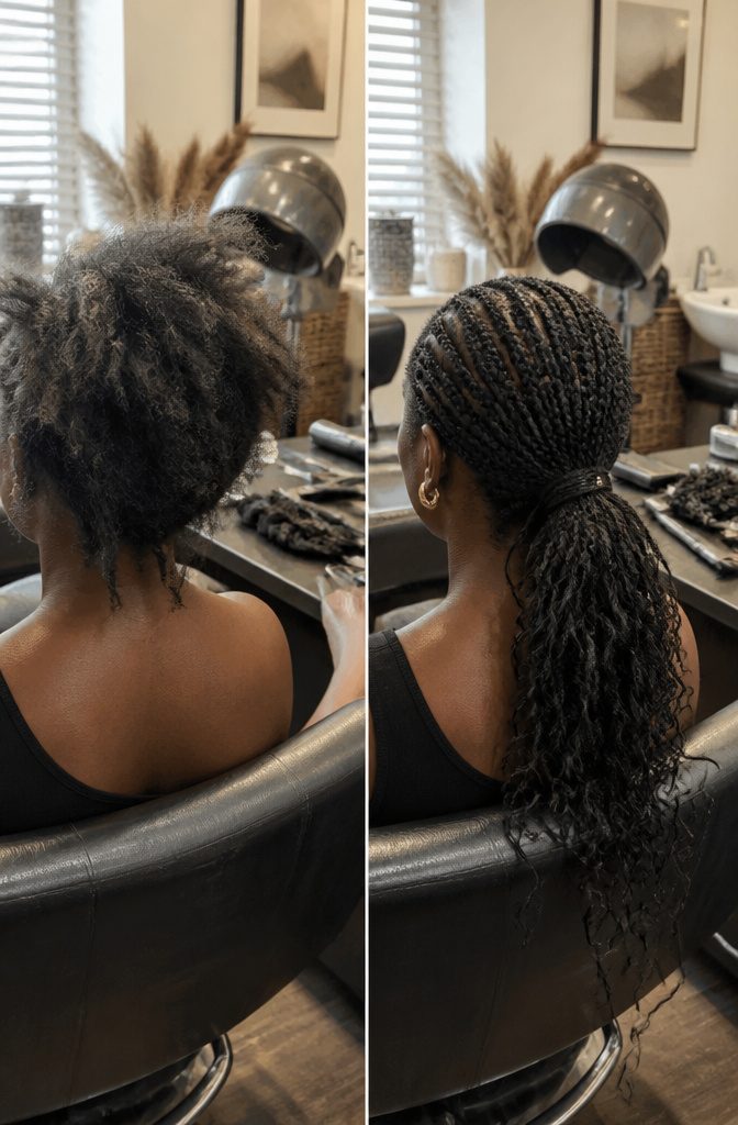 Black woman with a loosely styled bun and curls around her face