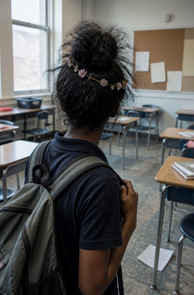 Young Black girl wearing a messy top bun and flower crown