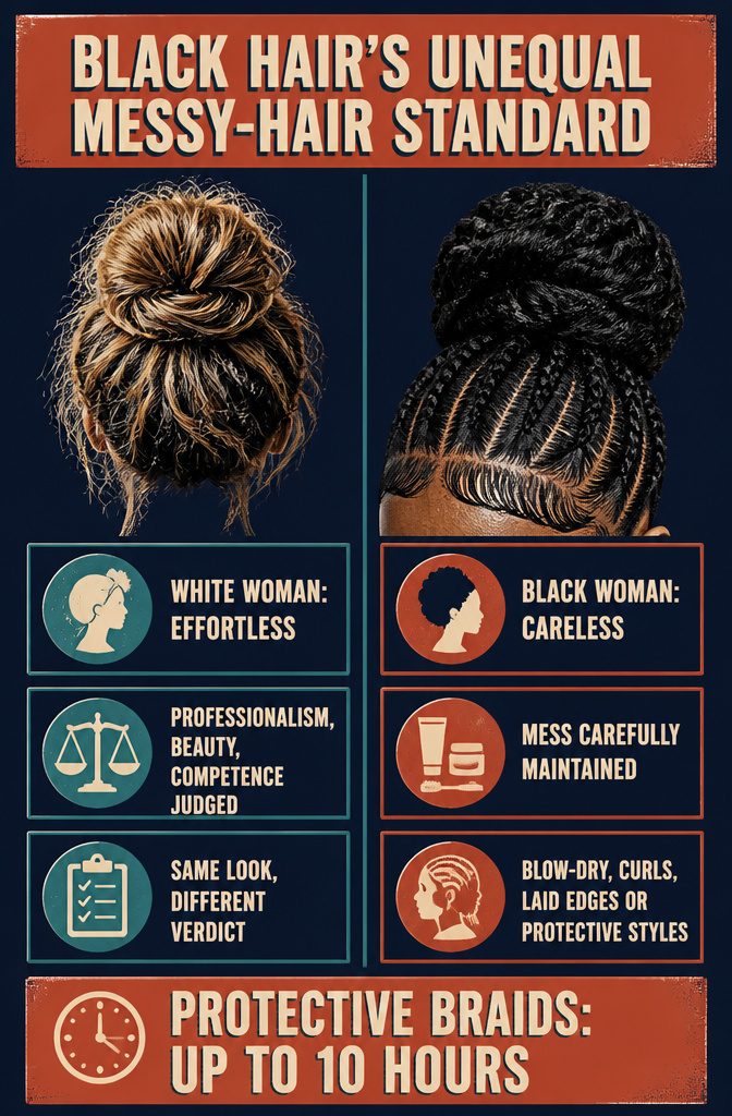 Black woman with loosely gathered natural hair and visible flyaways