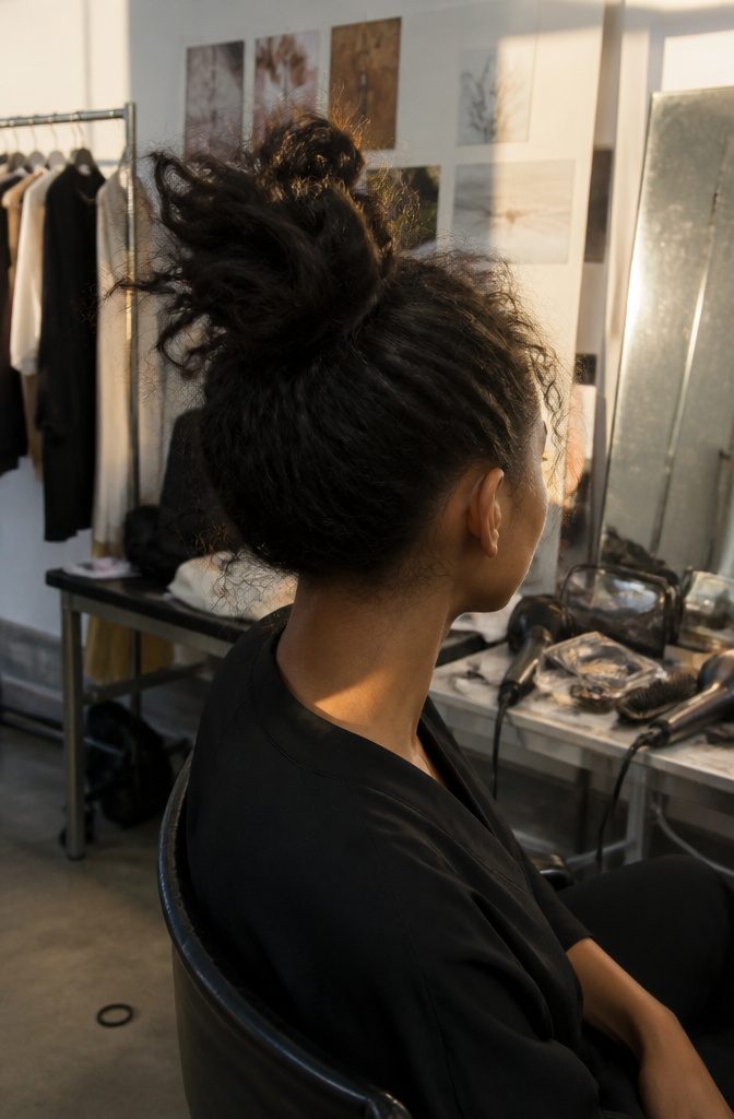 Black woman wearing a loose textured top bun with escaping coils