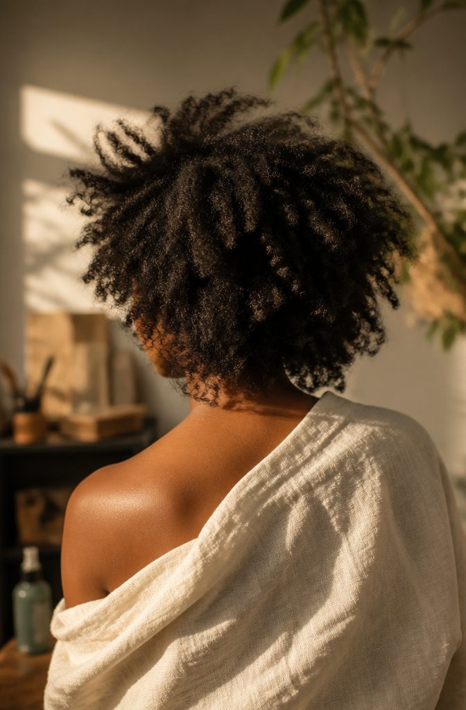 Black woman with natural kinks left loose and unstyled