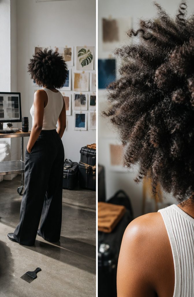 Black woman with controlled textured hair in a neat style