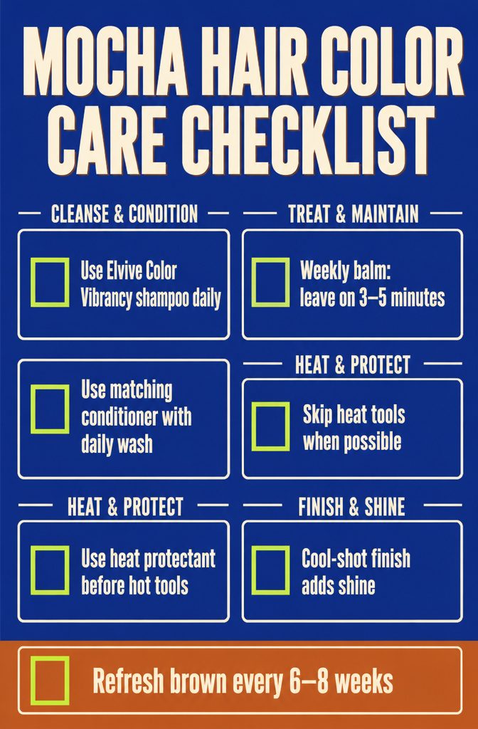 Mocha hair care graphic listing shampoo, conditioner, heat protection, and color refresh tips