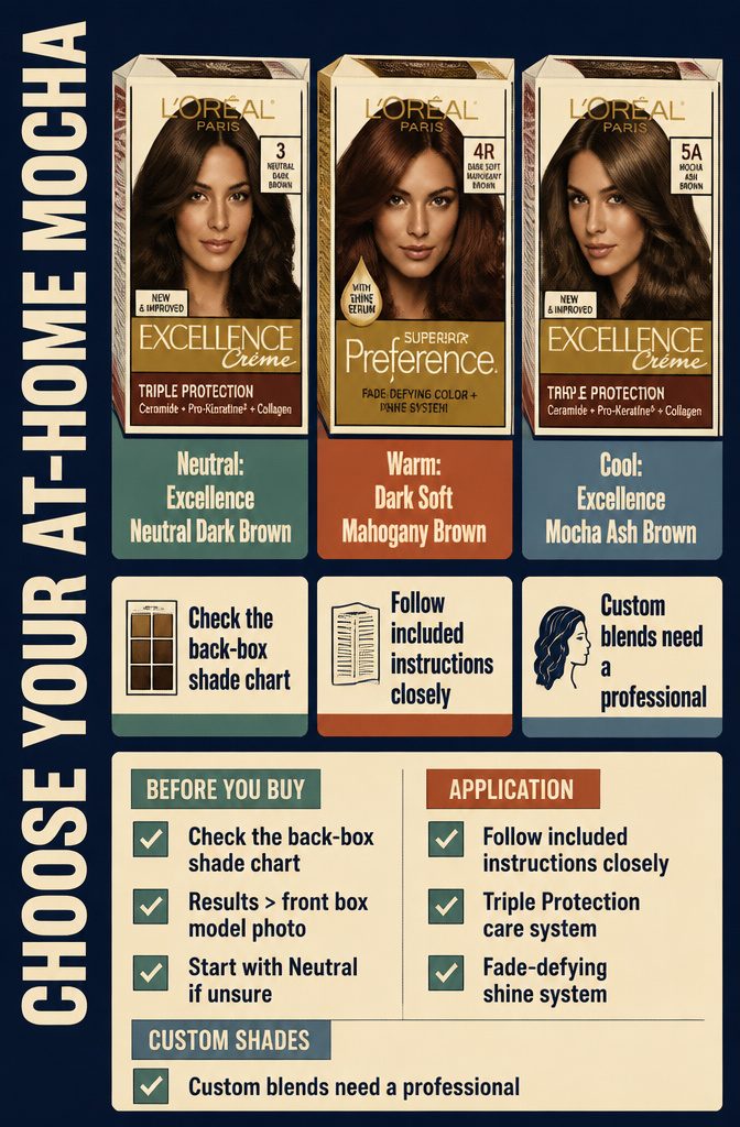 At-home mocha color graphic featuring three L'Oréal Paris box dye options